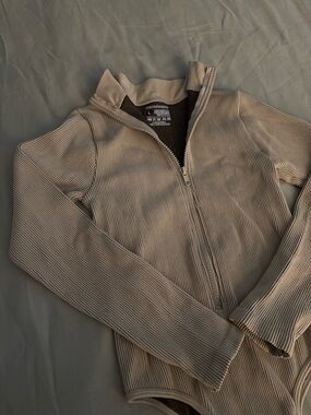 Beige Ribbed Zip-Front Bodysuit